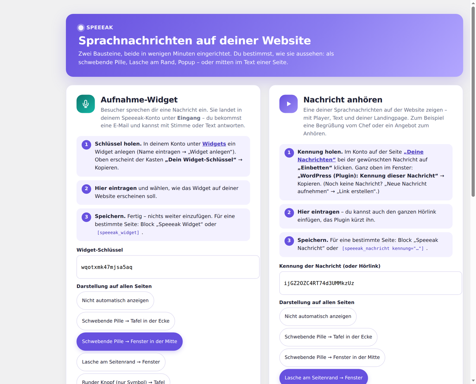 Einstellungsseite des Plugins