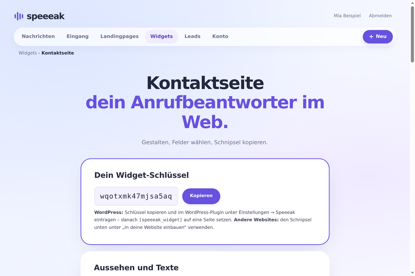 Widget-Editor mit Schlüssel-Kasten